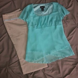 Tan Pinstripe Slacks w/Matching Dressy Blouse